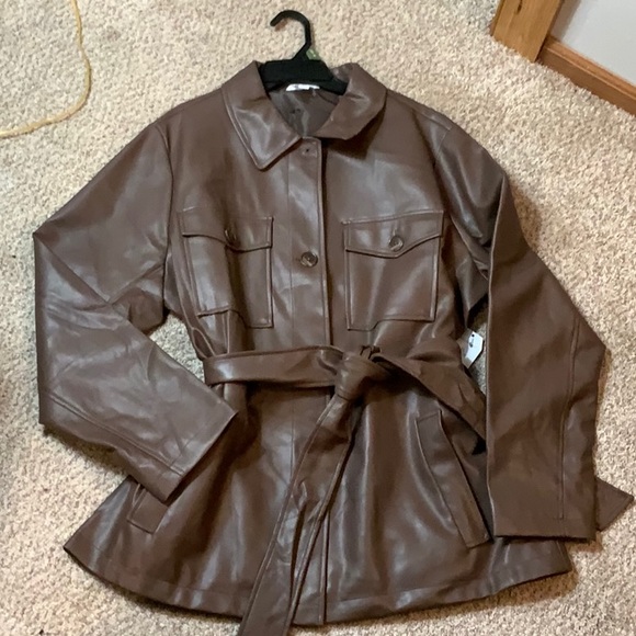 Time and Tru Jackets & Blazers - Brown Faux Leather Belted Jacket